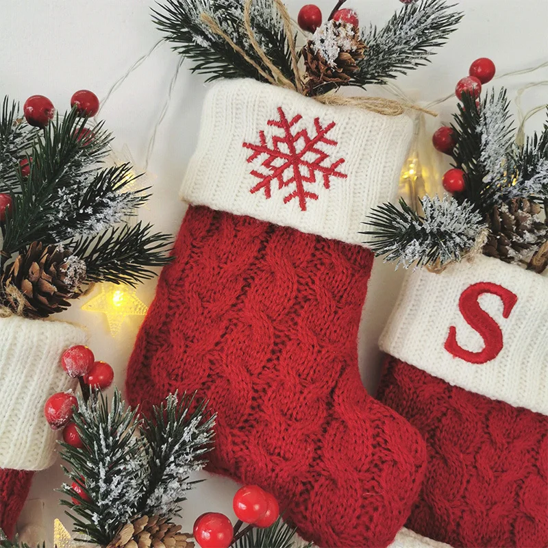 Letters Christmas Stocking New Knitting Christmas Tree Pendant Decorations For Home Xmas Gift Snowflake Alphabet Christmas Socks - Image 4