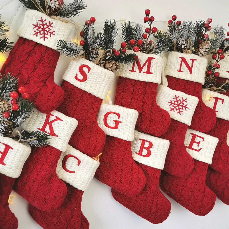 Letters Christmas Stocking New Knitting Christmas Tree Pendant Decorations For Home Xmas Gift Snowflake Alphabet Christmas Socks - Image 5